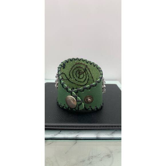 Faux Leather Hand Beaded Cuff Thick Bracelet Snap Closure - Picture 4 of 5